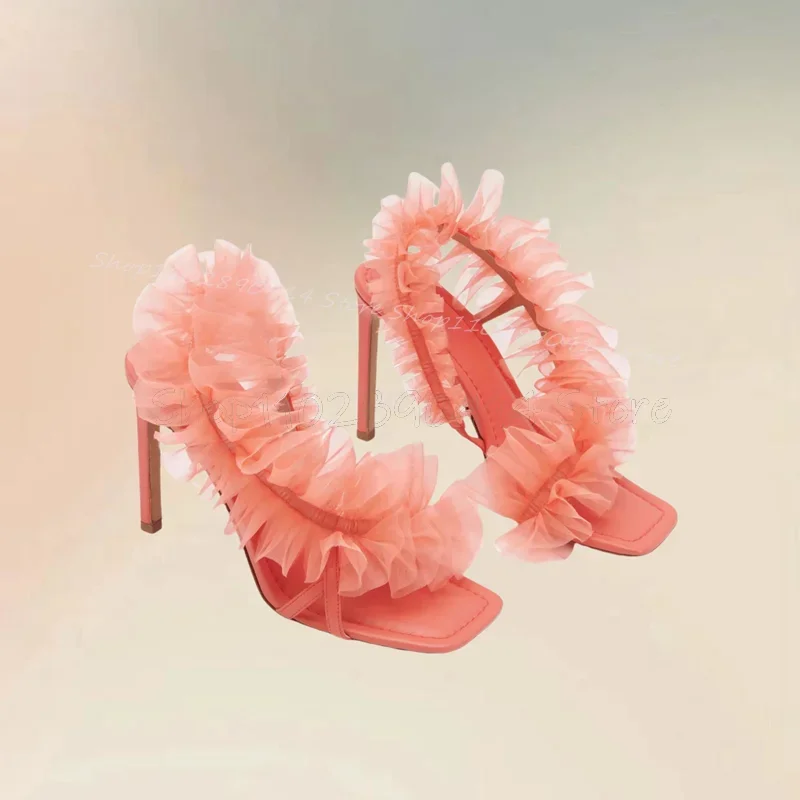 Dusty Pink Mesh Falbala Design Open Toe Sandals Slip On Women Shoes Thin High Heels Novel Party Runway 2025 Zapatos Para Mujere