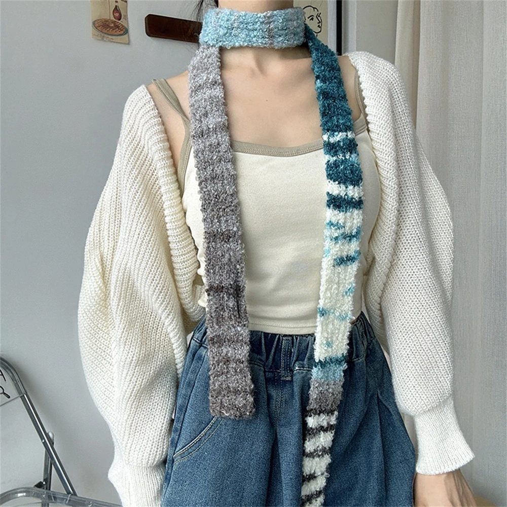 Ladies Rainbow Gradient Stripe Scarves Female Winter Korean Version Knitted Scarf New Niche Design Women Fine Narrow Long Scafr