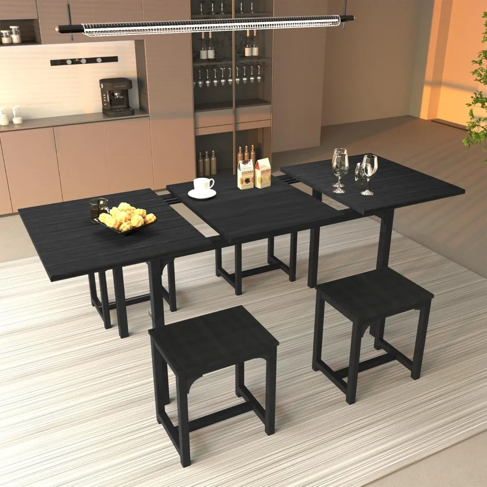 

5-Piece Dining Table Set with 4 Stools, 63" Extendable Kitchen Table Chairs Set for 4-6, Dining Room Table with Metal Frame,