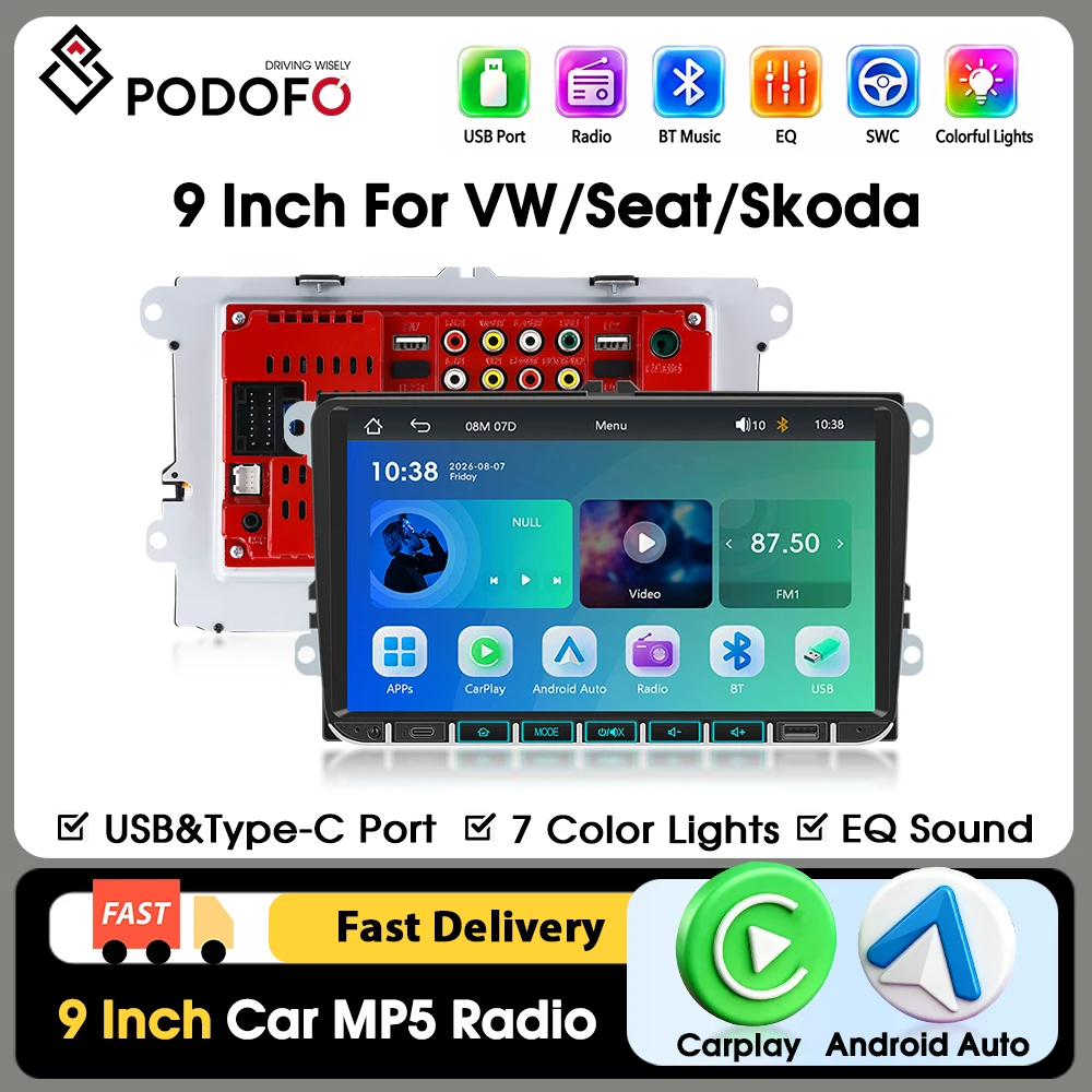 Podofo 2Din 9 Inch HD Touchscreen Car Stereo MP5 Player Wireless Carplay Bluetooth FM AM RDS Backup Camera Multimedia for Volkswagen Seat Skoda