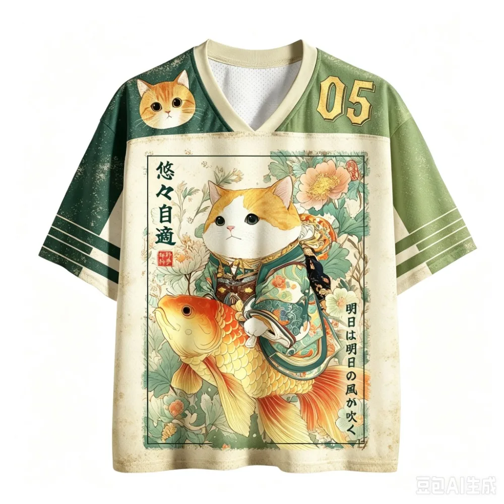 Japanese Harajuku Cartoon Cat Koi Breath Quickdry 3D Print Men Women T-Shirts V-neck Outdoor Street Fashion Casual Parent-Child