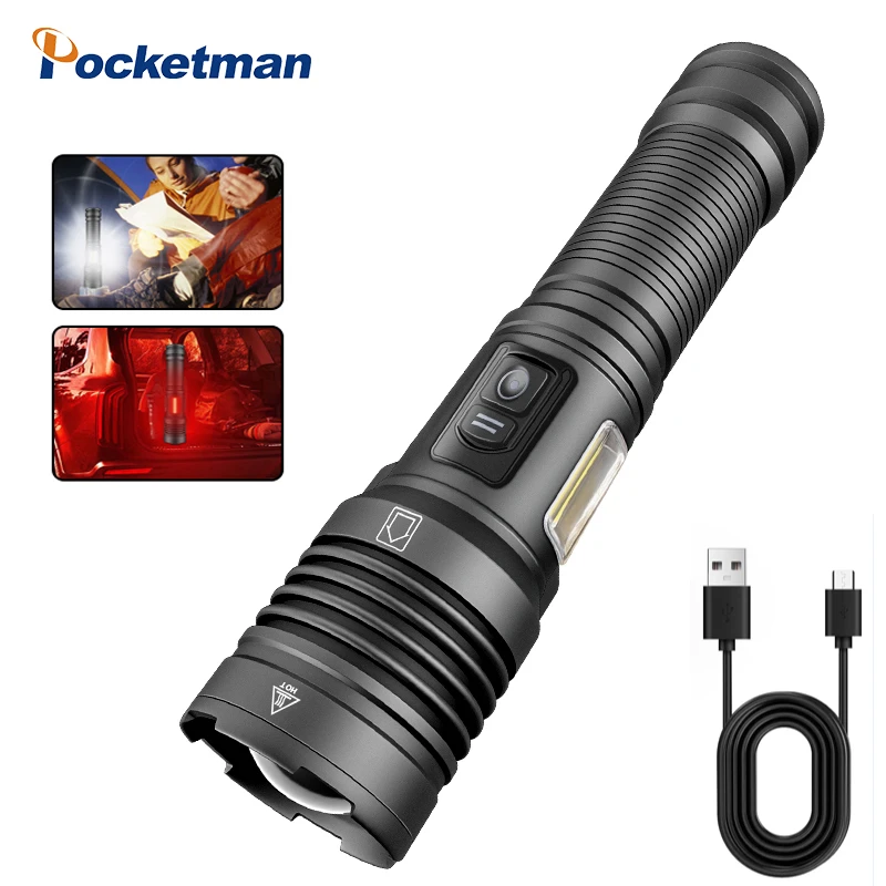 

Portable Aluminum Alloy Waterproof Flashlight Double Switch Design Telescopic Zoom Flashlight With Type-C USB Cable