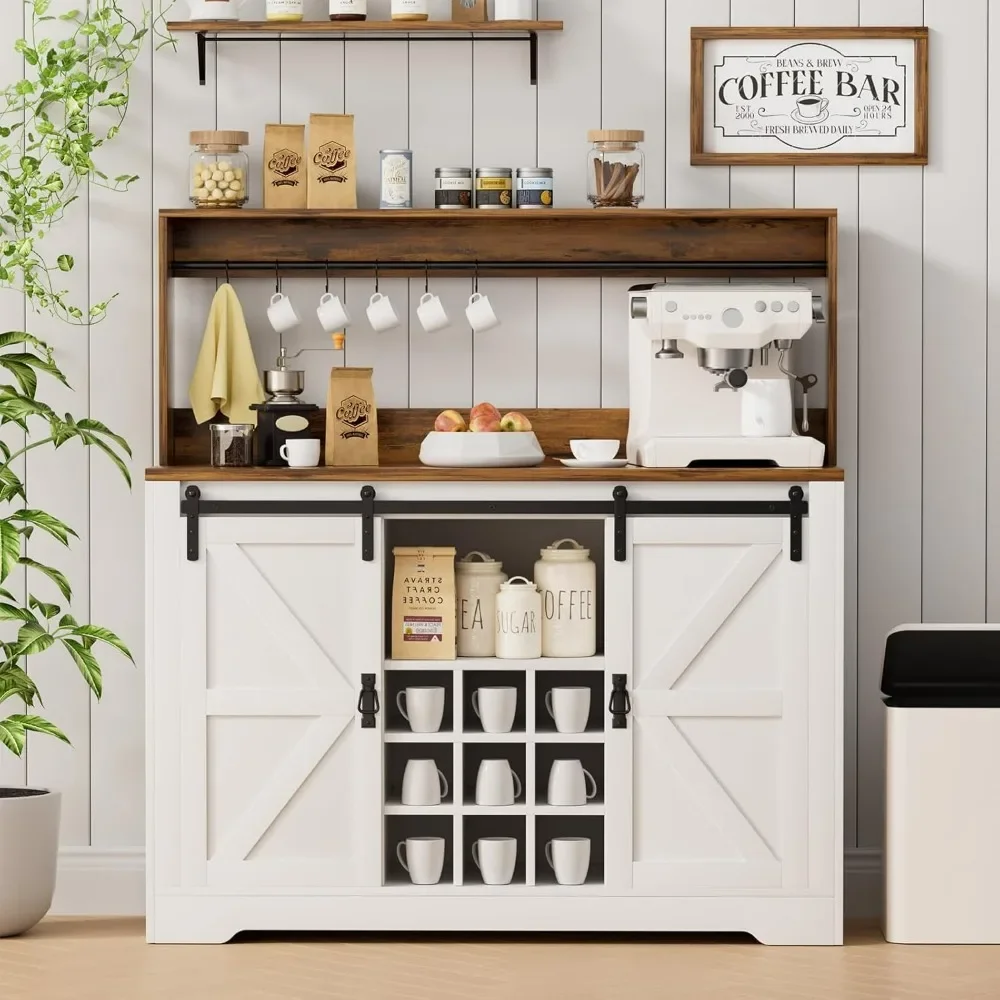 Coffee Bar Cabinet, Farmhouse Sideboard Buffet Cabinet with Sliding Barn Door, Wine Rack & Hooks, Wine Bar Cabinet