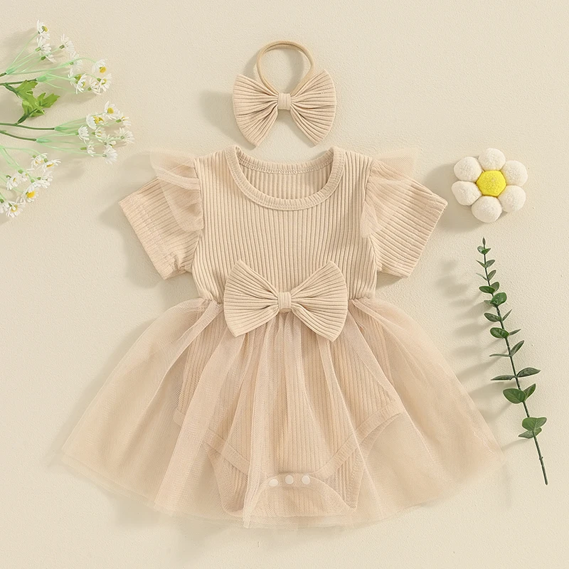 Baby Girl 2 Piece Summer Set Short Sleeve Round Neck Ribbed Knitted Romper Dress Bow Headband Infant Toddler Bodysuits Outfits