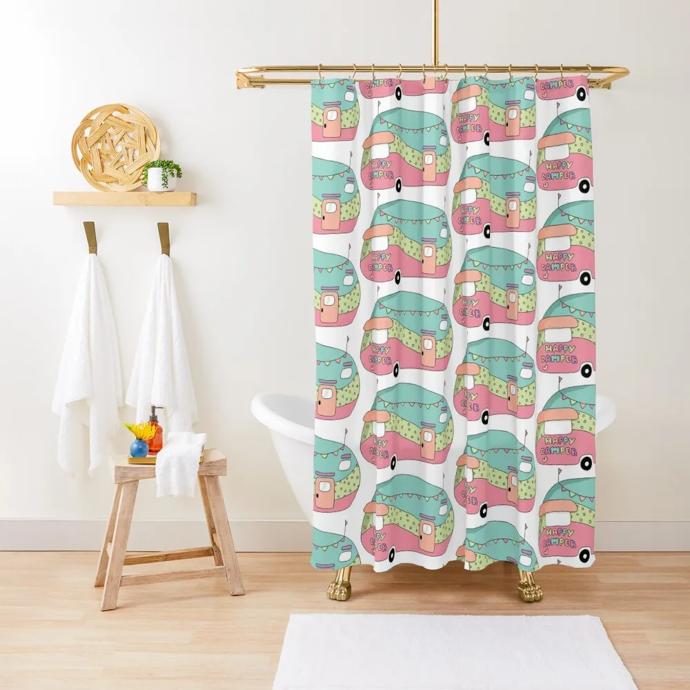

Happy Camper Cute Camper Trailer Shower Curtain Waterproof Shower For Bathrooms Waterproof Shower And Anti-Mold Curtain