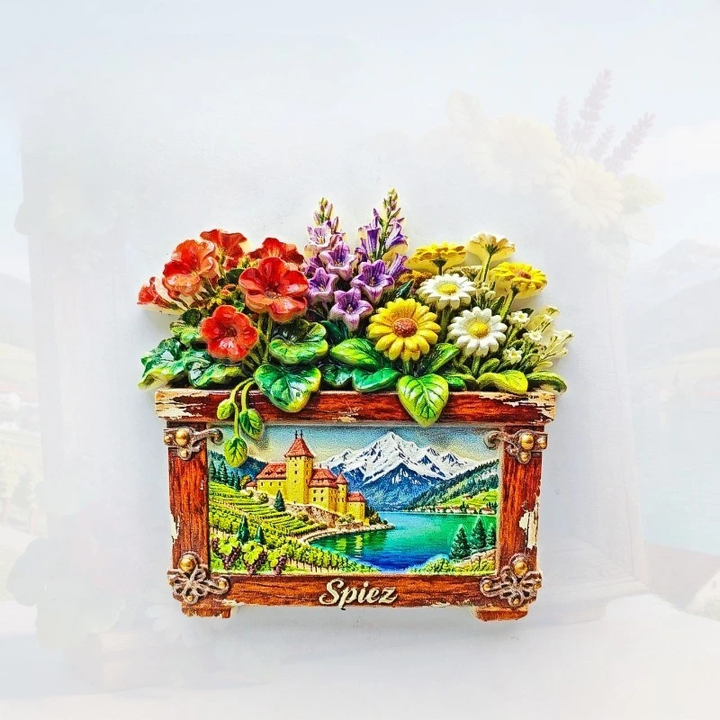 Spiez Flower Lane Fridge Magnet - Picturesque 3D Swiss Village Souvenir Unique Bernese Oberland Gift for Travel & Alpine Decor