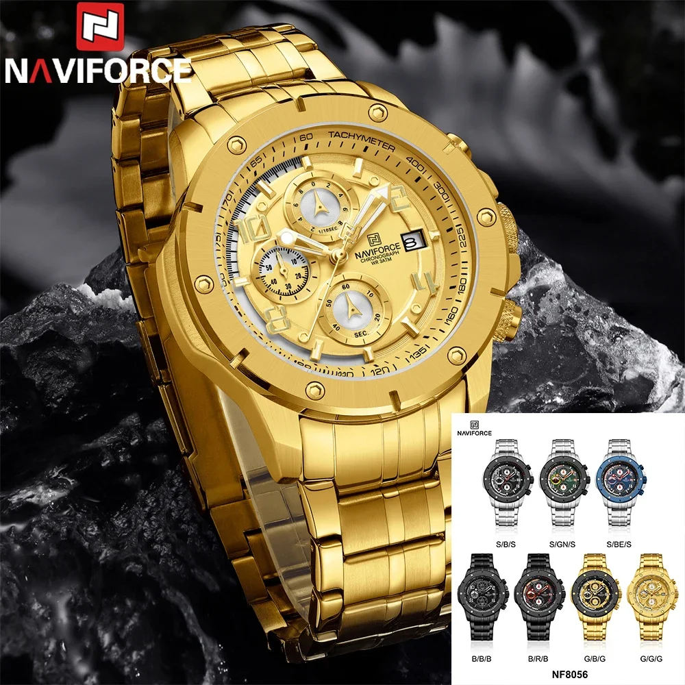 NAVIFORCE NF8056  Men Watch Sport Top Brand Luxury Military Chronograph Date Original Wristwatch Stainless Steel Quartz Clock