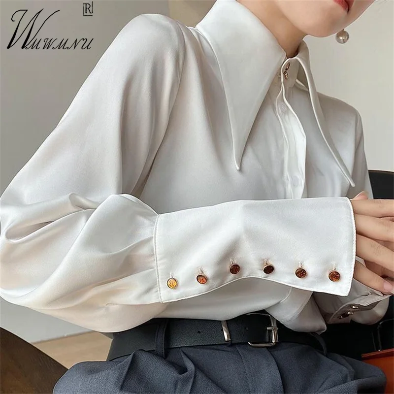 Luxury Design Thin Blouses Satin Shirts Pointed Collar Women\'s White Blouse Fashion 2023 Spring Tops Long Sleeve Blusas Mujer