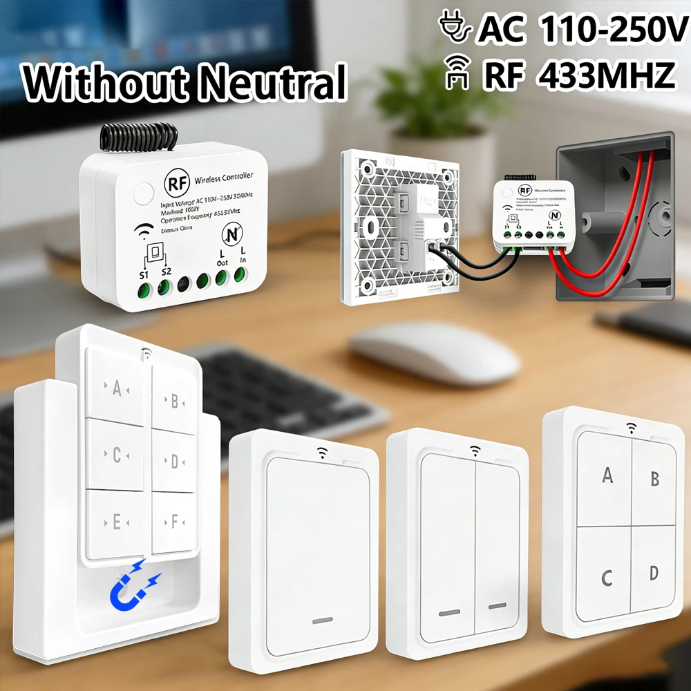 

433Mhz Wireless Light Switch 220v Receiver Moudle Without Neutral with 1/2/4/6 Gang Wall Panel Remote Control for Led Lamp Fan