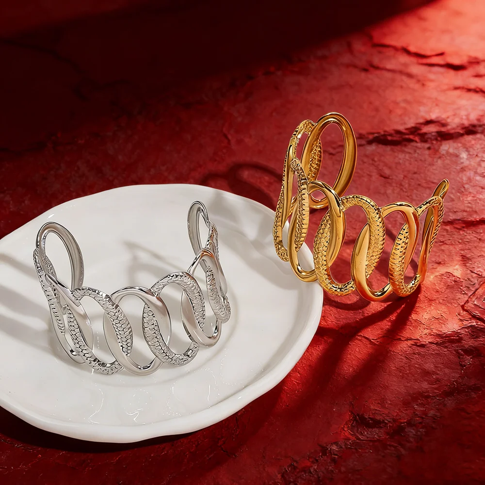 Minimalist Dual Finish Stainless Steel Cuff - Interlocking Open Design, Stylish Accessory for Ladies Party & Daily Matching