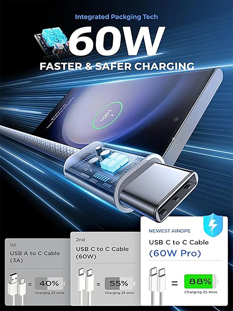الأصلي USB-C كابل لابل آيفون 16e 16 15 سلسلة PD 60 واط شحن سريع لهواوي شاومي سامسونج نوع C خط البيانات ملحق