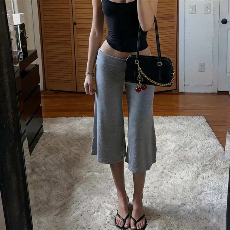 Street Style Low Waist Cuffed Waist Wide Leg Capri Pants Seven-Foot Pants Spicy Girl Summer Layered Pants Casual Polyester Fiber