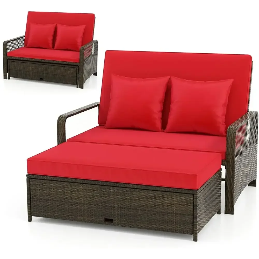 Double Chaise Lounge with Adjustable Back, Storage Ottoman, Cushions, Pillows, Separate Seating, Wicker Patio Furniture Set in R