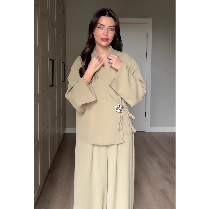 Muslim Two Piece Set Women V Neck Shirt Solid Blouse Wide Leg Pants Suit Dubai Arabic Outfits Morocco Islam Ensemble 2026