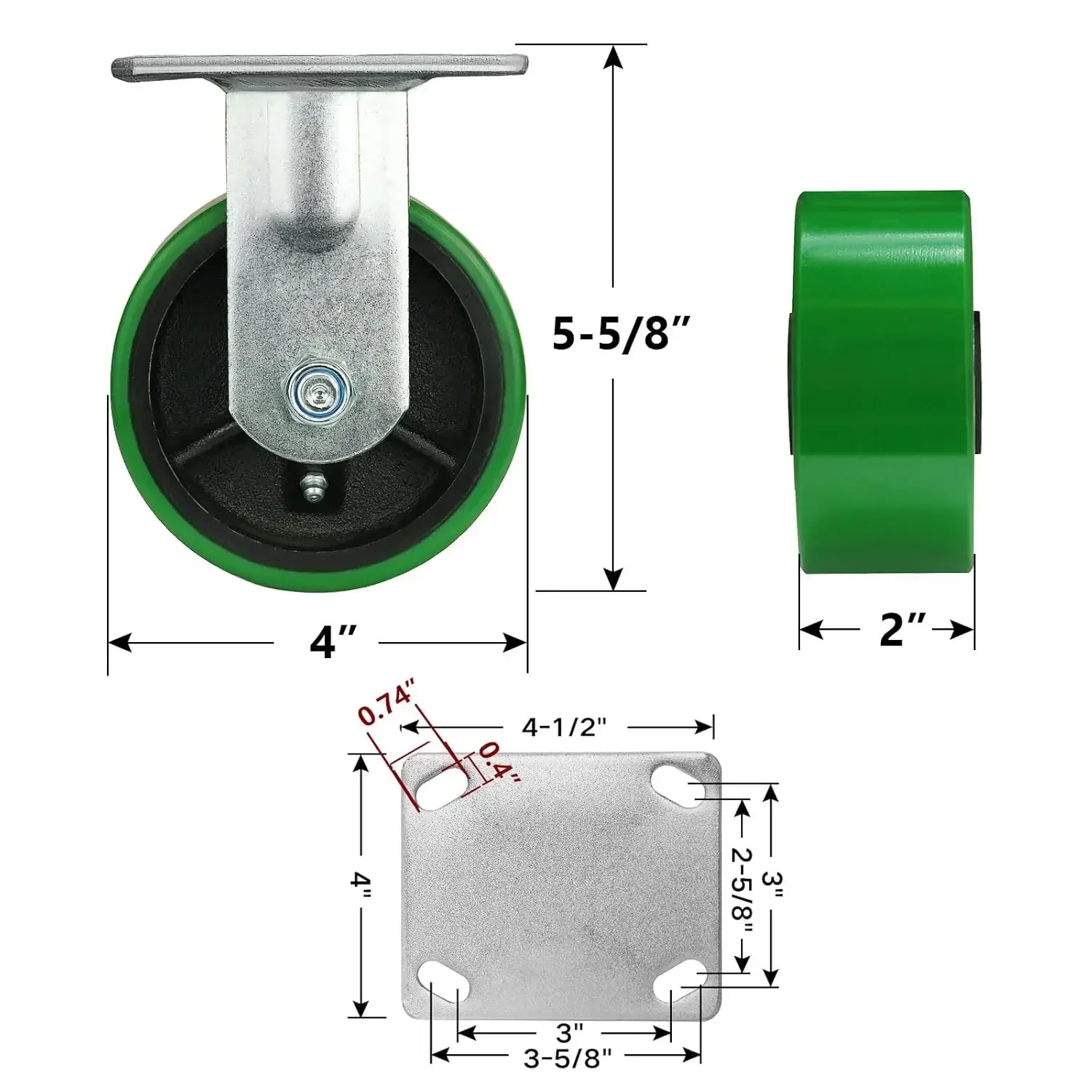 Set of 4, Heavy Duty Casters, Polyurethane Industrial Casters with Load 3200lbs Capacity (2 Swivel & 2 Rigid)
