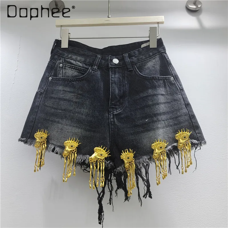 Street Hip Hop Style Rock Metal Fringed Decorative Denim Shorts Women 2026 Summer New Trend Personality Spice Girl Y2K Hot Pants