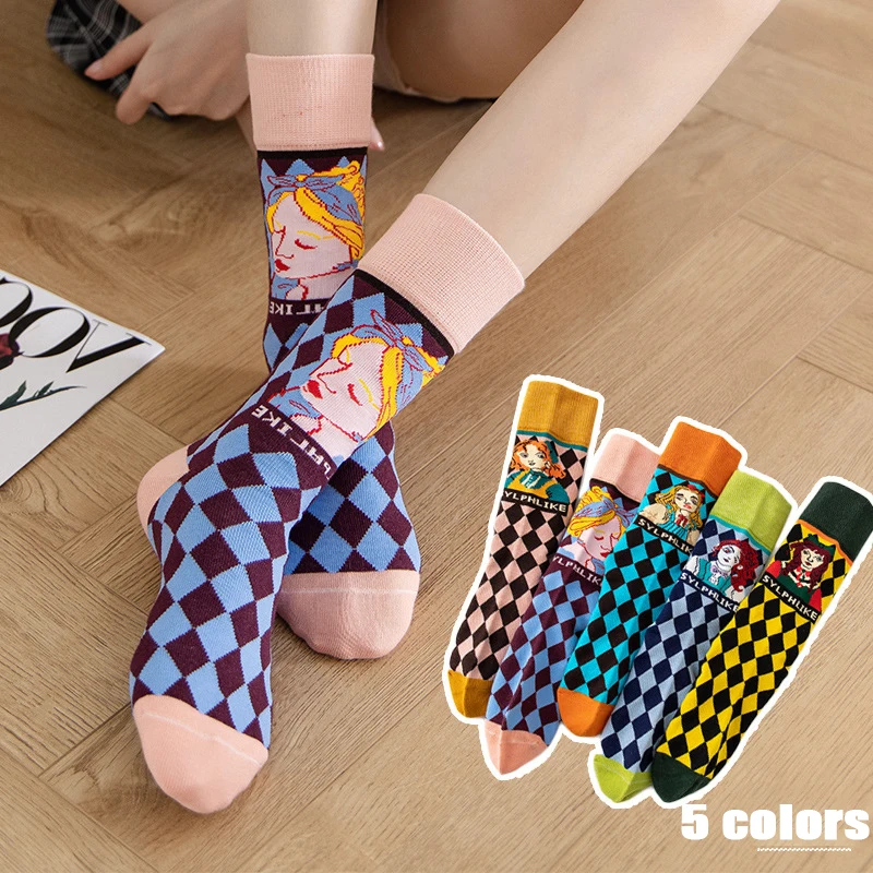 

Funky Harajuku Retro Women Checkerboard Socks Geometric Lolita INS Style Illustration Socks Cotton Streetwear Novelty Socks