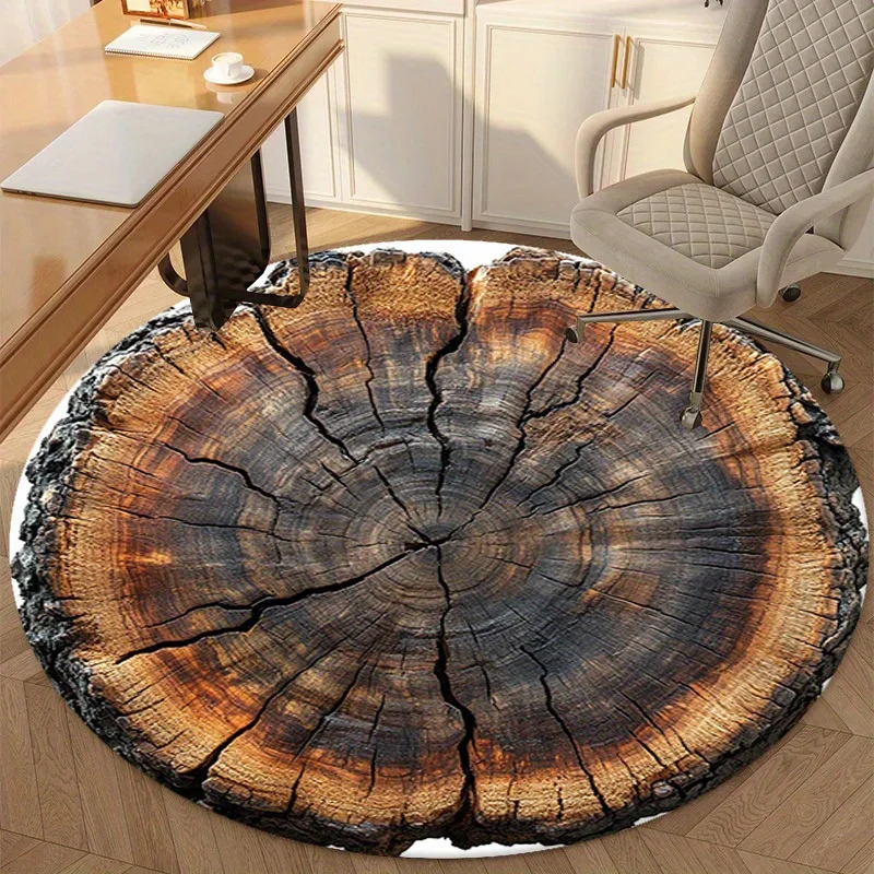 Wood Tree Ring Round Area Rug Colorful Log Cross‑Section Cracked Timber Art Floor Mat for Living Room Decoration