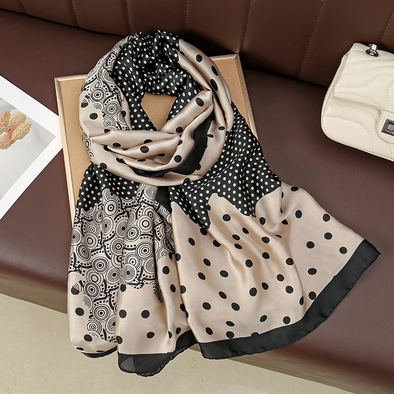 Temperament Imitation Silk Long Scarf Wave Point Print Scarf Shawl Women Elegant Scarves Leisure Sun Protection