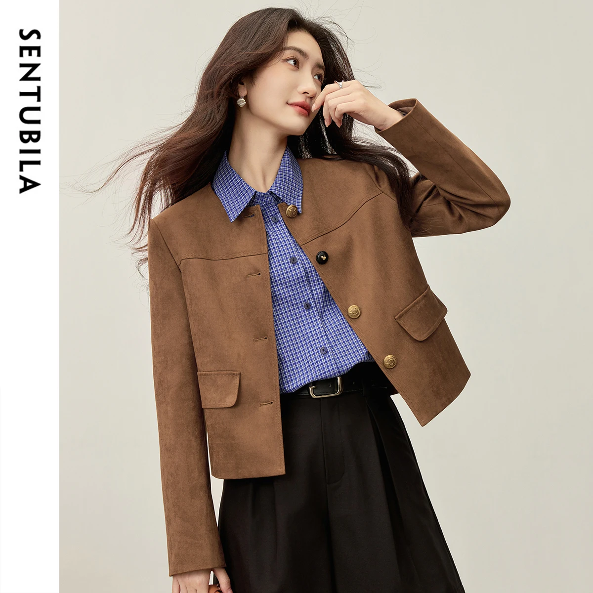 SENTUBILA Women Jacket 2025 Elegant Straight Long Sleeve Female Tops Velvet Embossed Button Coat 153W80383