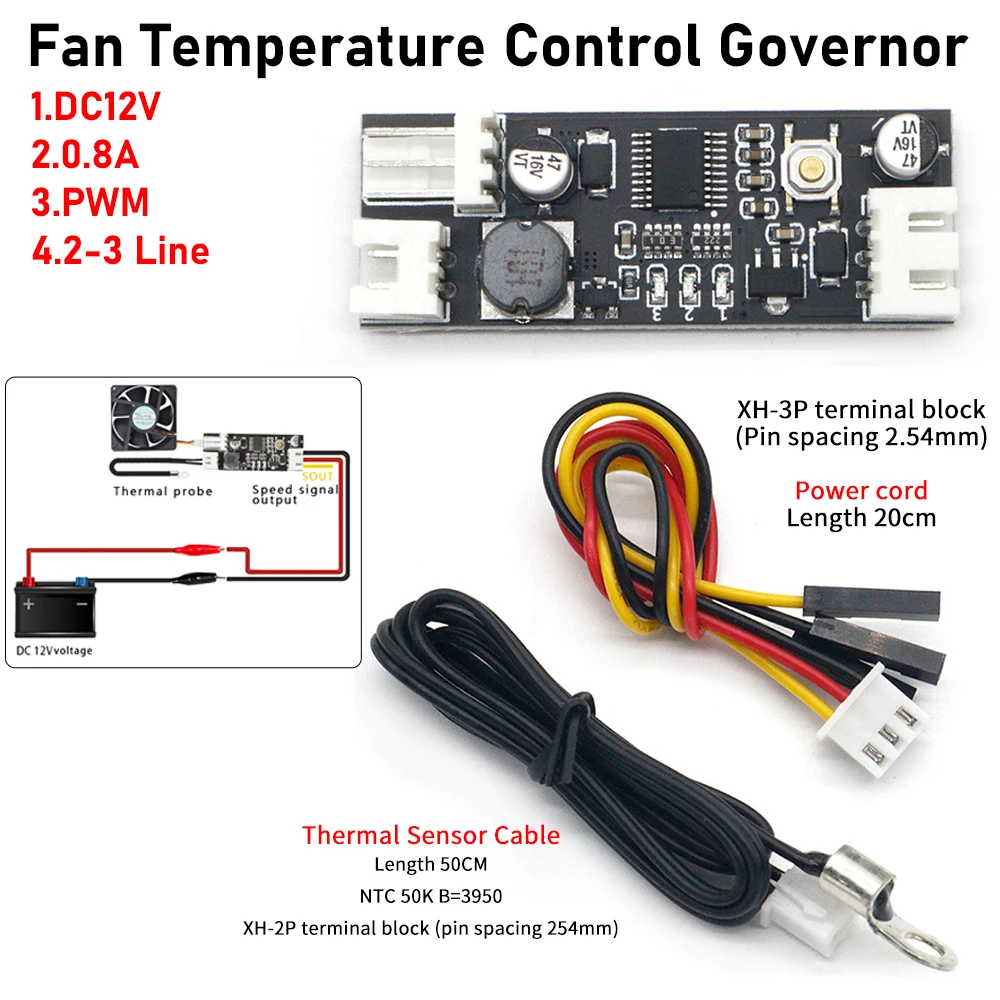 Pojedynczy 12V 0,8a DC PWM 2-3 przewodowy kontroler temperatury wentylatora podwozia moduł redukcji szumów komputera NTC B 50K 3950
