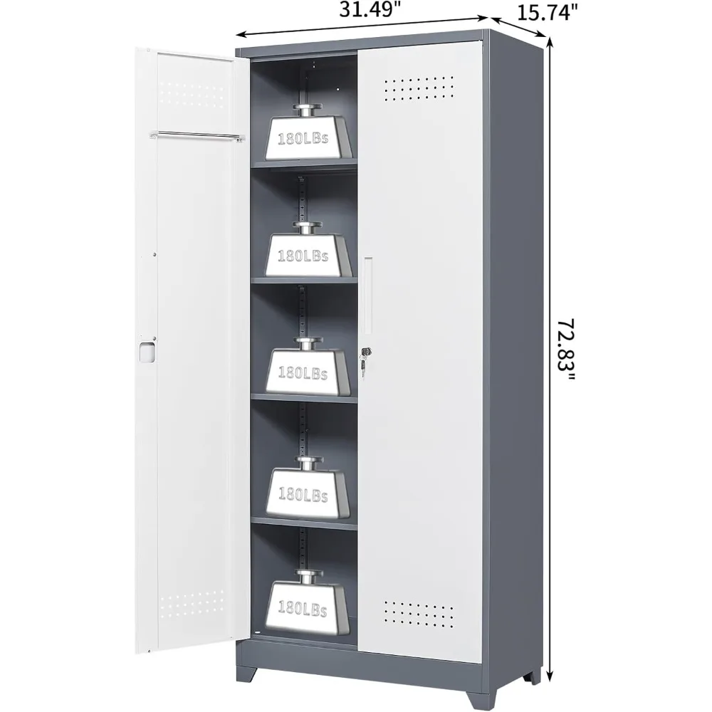 خزانة أدوات معدنية طويلة مع أرفف وقضيب تعليق وباب قفل لتخزين المكنسة #3