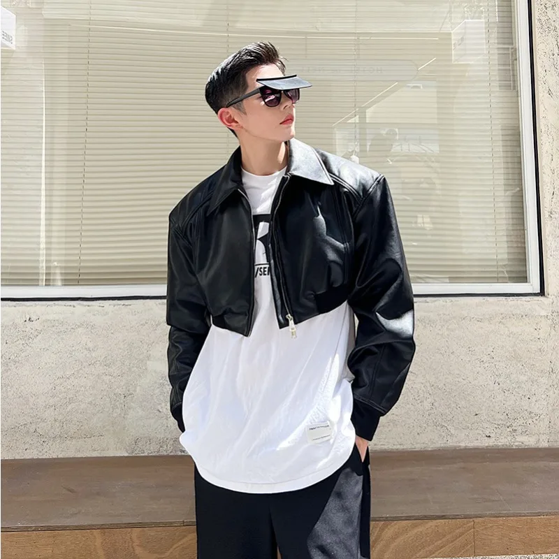 

2025 Spring Autumn Cropped PU Leather Jacket Men Long Sleeve Zipper Lapels Ultra Short Tops Men's Clothing Runway Fashion Black