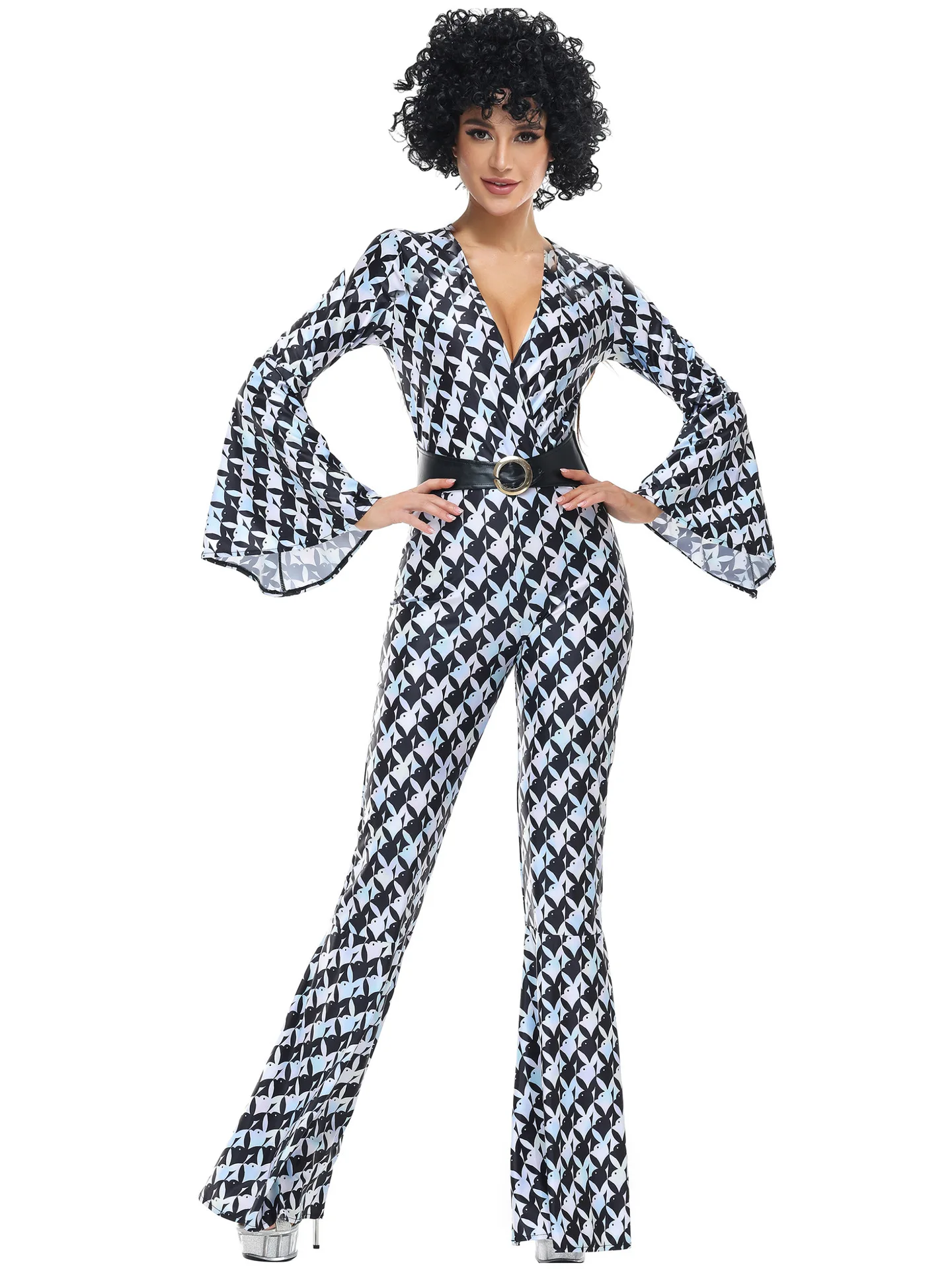 

80s Retro Disco COS Clothing Diamond Grid Patterned Hippie Costume Halloween Party Uniform Women's Ethnic Stage Costume