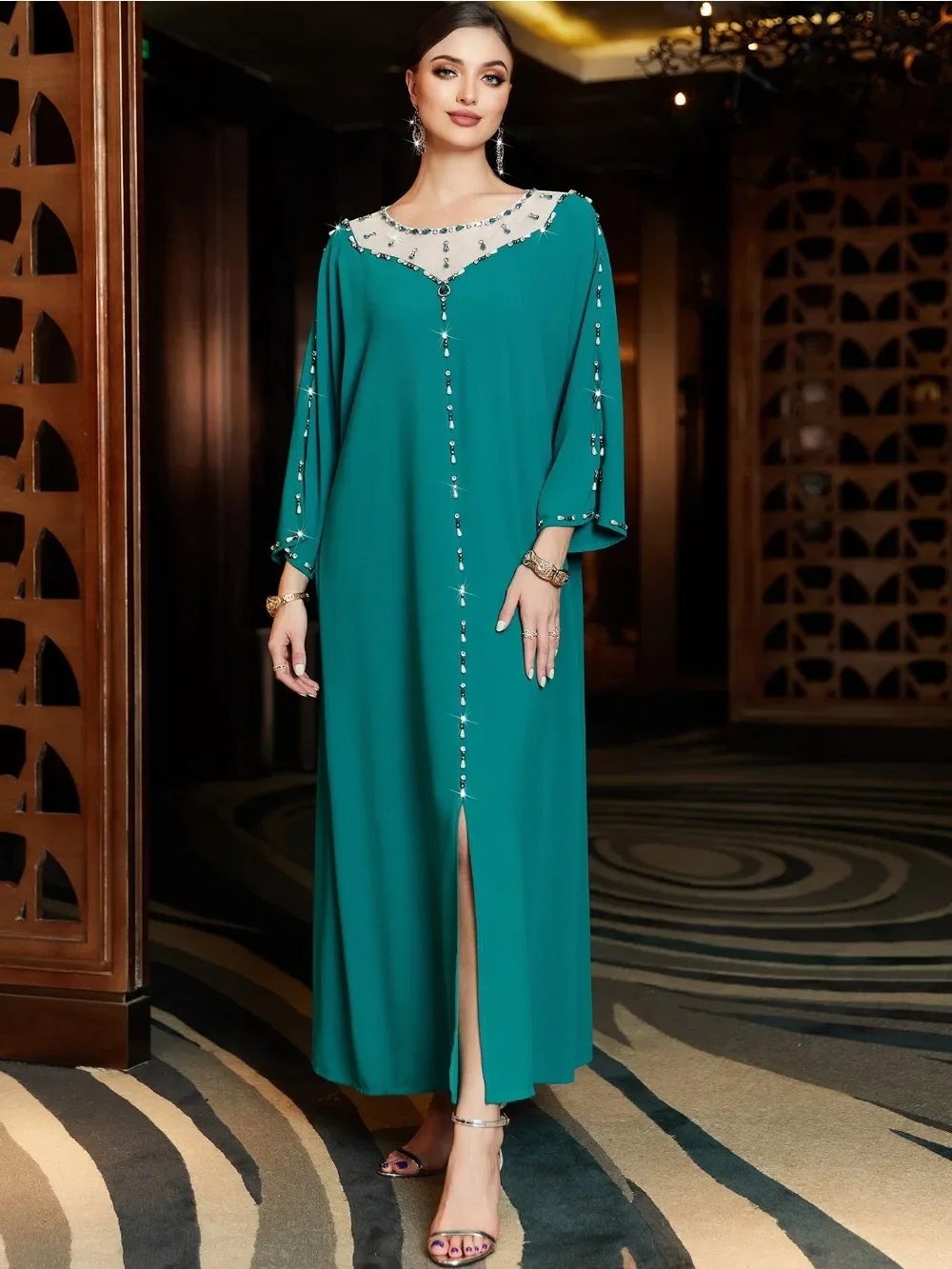 Eid Muslim Split Hem Dress for Women Abaya Diamond Jalabiya Morocco Party Dresses Dubai Abayas Kaftan Vestidos Arab Long Robe