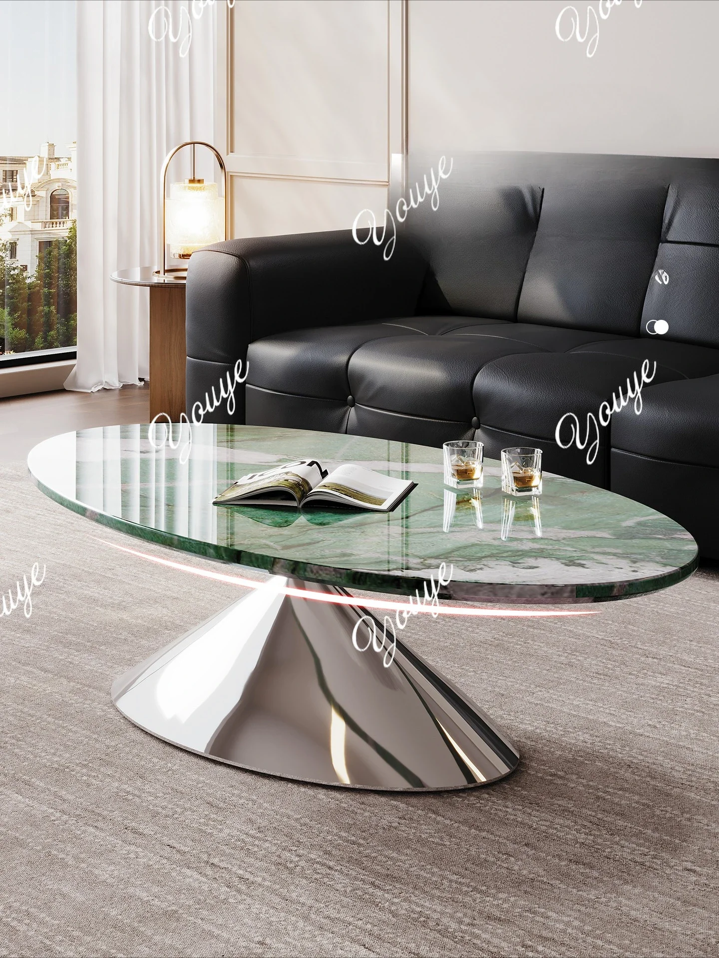 

J Patek Jade Natural Luxury Stone Flying Saucer Coffee Table Italian Light Luxury Marble Oval Edge Table Can Be Customized