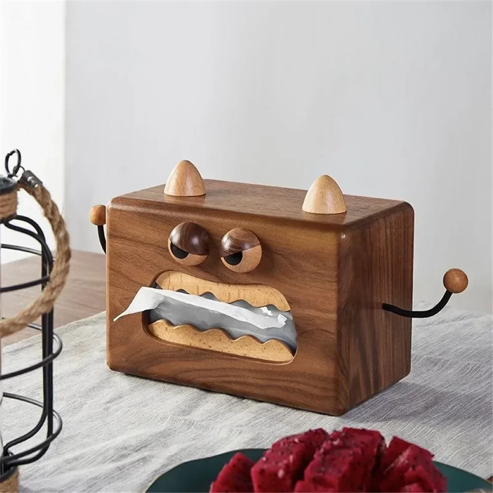 Little Walnut Wooden Tissue Box for Kitchen Cute Monster Dining Room Living Room Tissue Case Napkin Holder Home Decoration Gift