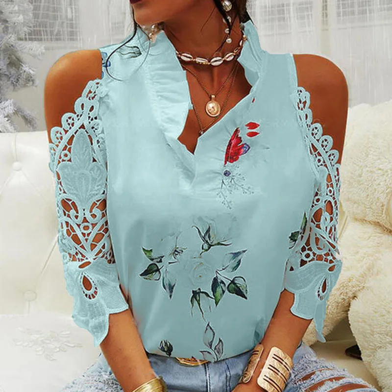 Sexy Hollow Out Printed Women Blouses V-Neck Elegant Short Sleeve Lace Shirts Summer Female Strapless Blouse Casual Tops 19361