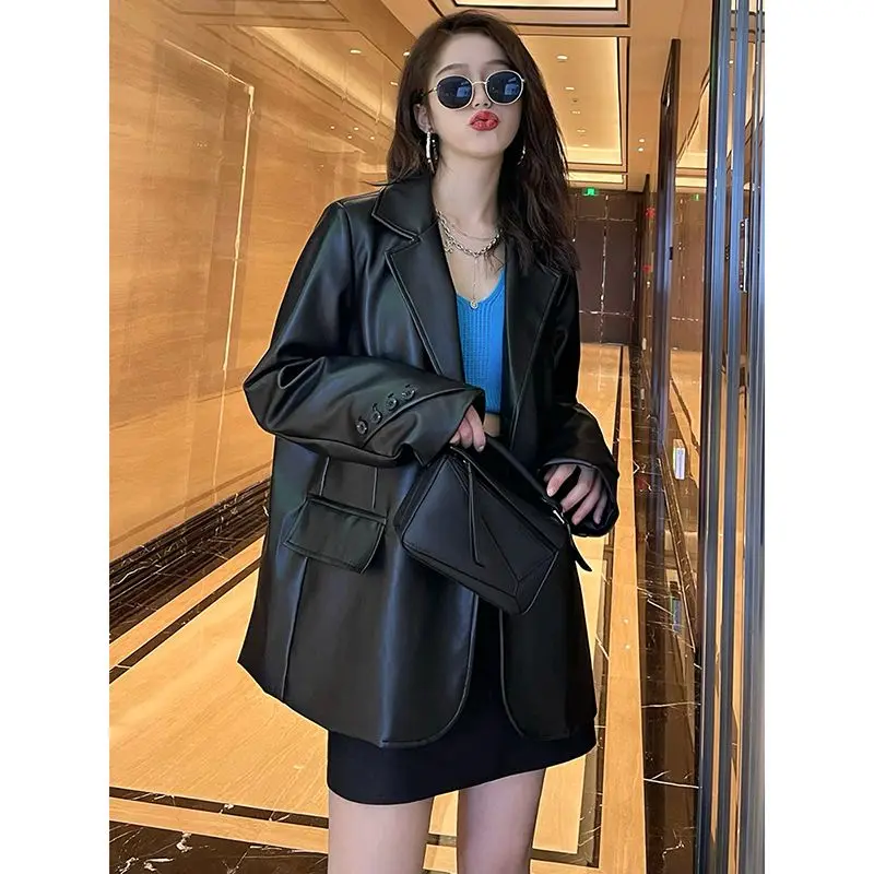 2024 Autumn/Winter New Black Suit Leather Jacket Women\'s Retro PU Luxury Thickened Loose Casual Suit