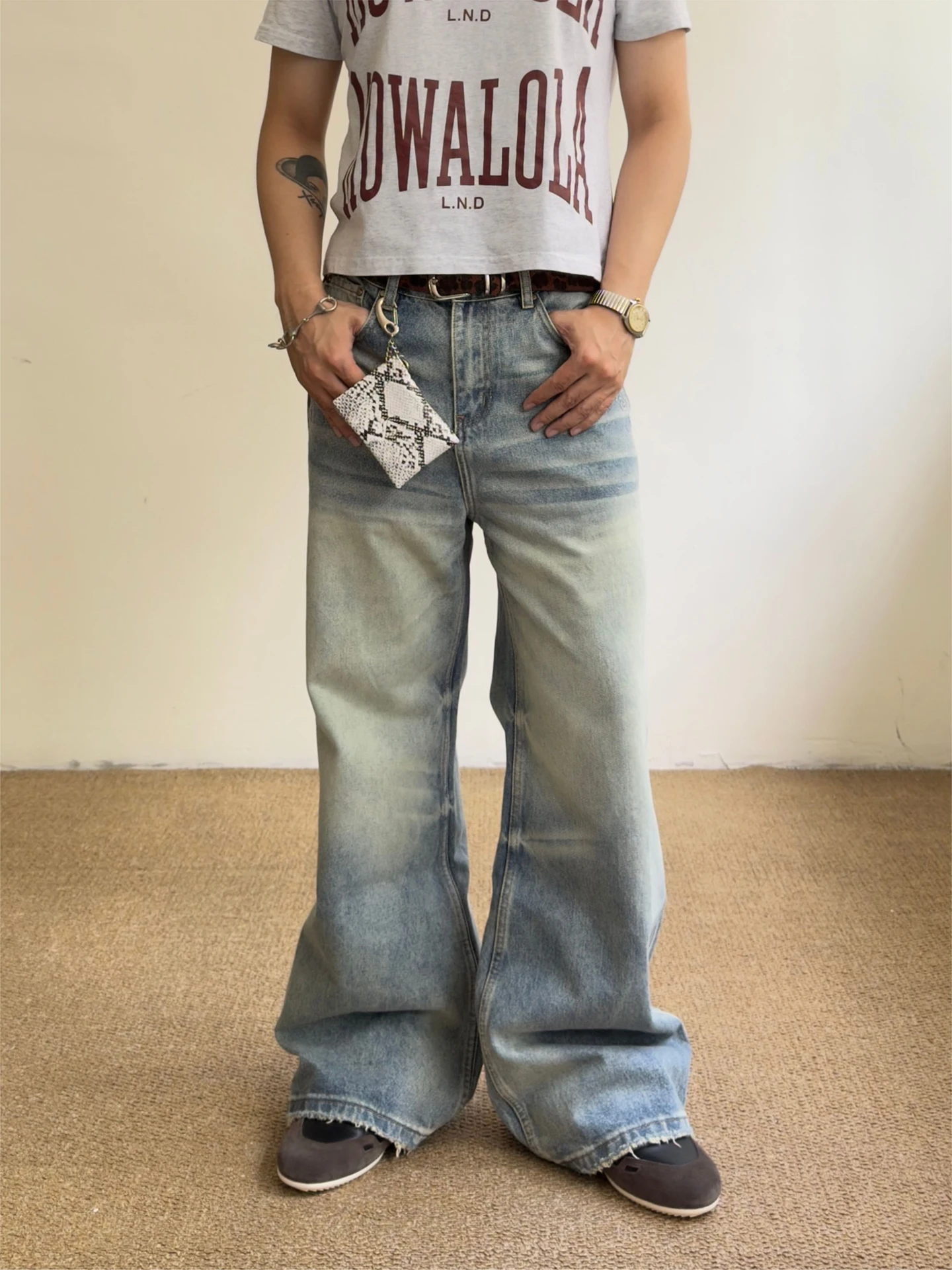 Calças Jeans Flare Retrô Americanas Amarelas Lavadas com Efeito de Lama, Unissex, Soltas, Perna Larga, Comprimento Longo, Cas...