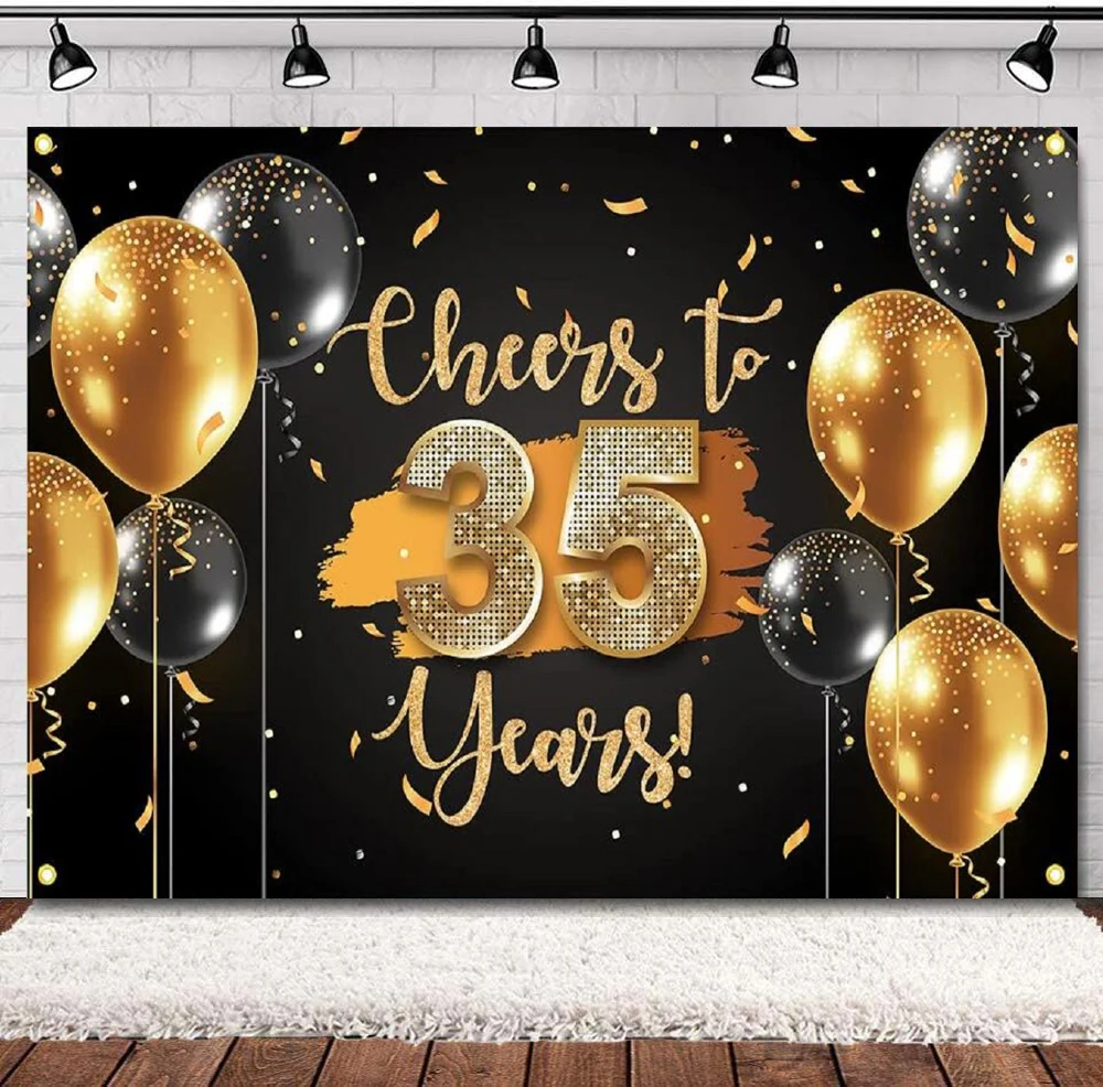 

Photography Backdrop Happy Cheers To 35 Years 35th Birthday Banner Background Decor For Women Men Anniversary Black Gold Poster