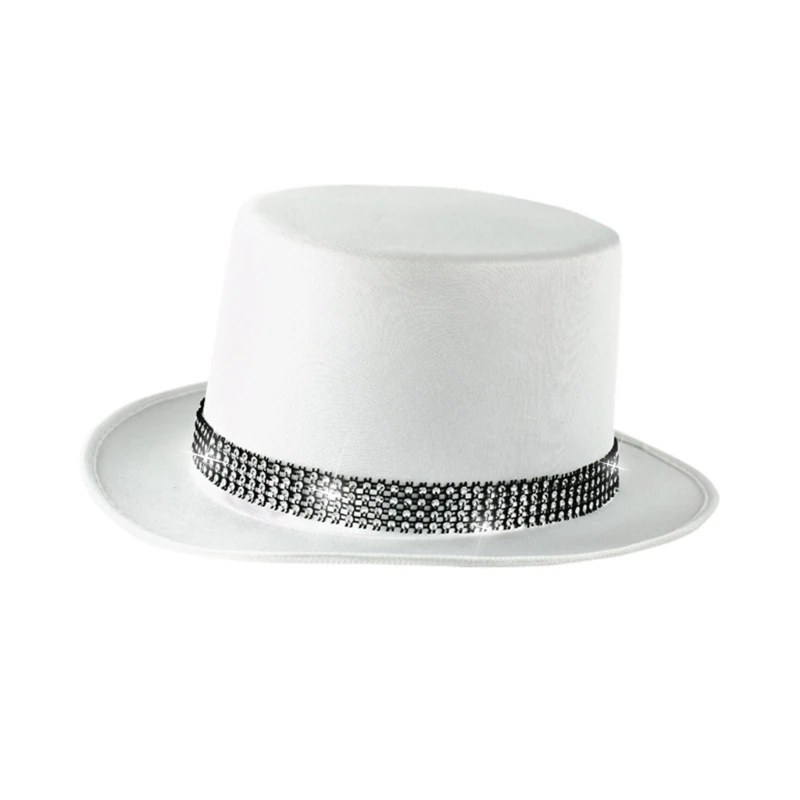 Shimmering Crystal Belt White Top Hat for Holiday Celebration Masquerades Party Gentleman Hat Stage Jazzy Hat