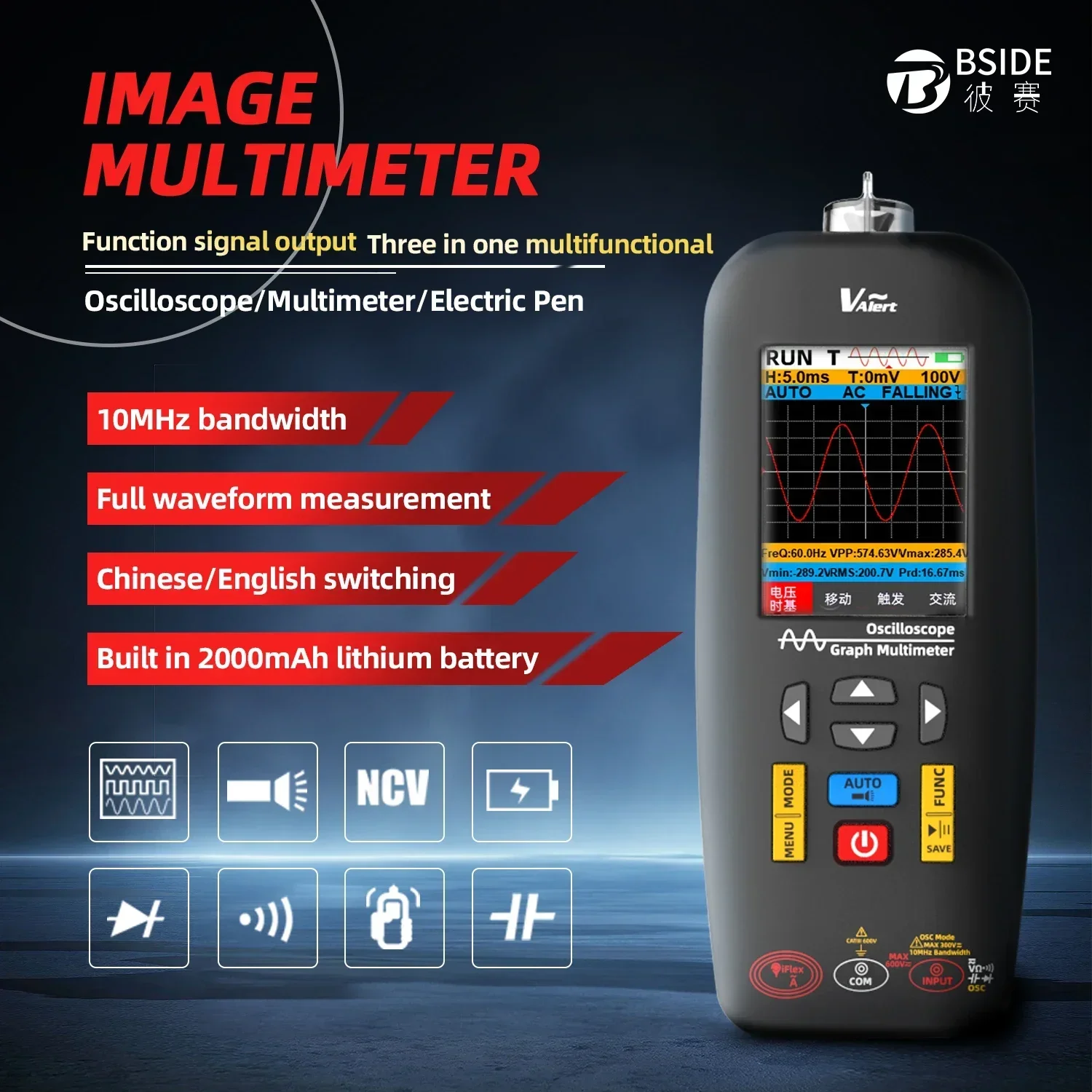 BSIDE O1X High Precision Digital Oscilloscope with Auto Range 10Mhz for Precise Waveform Analysis True RMS Digital Multimeter