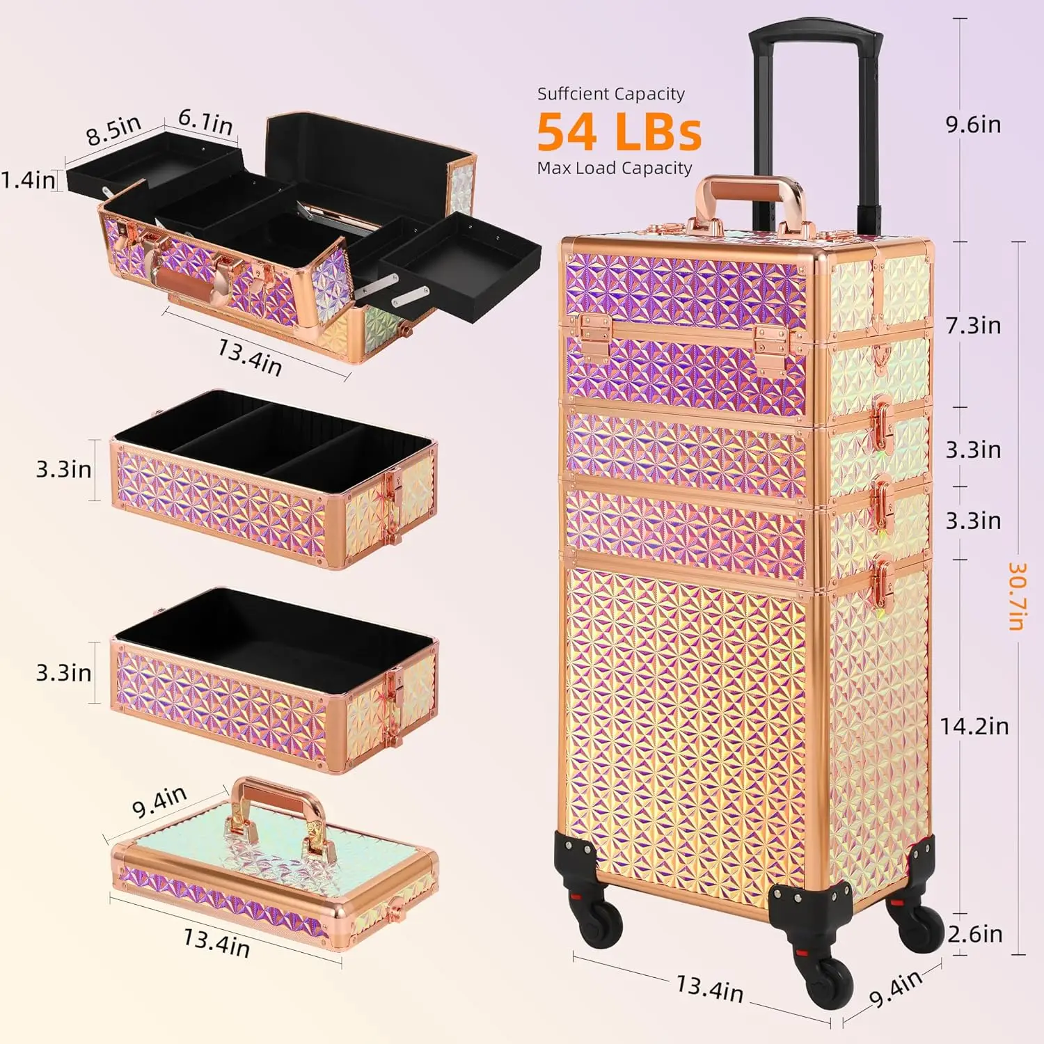

-Rolling Makeup Train Case 5 In 1 Cosmetology Case On Wheels Large Makeup Case Organizers