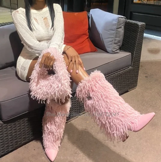 2025 New in Pink Fur Padlock Shark Boots Black/White Chunky Heel Leather Pointed Toe Mid Calf Boots Women's Sexy Luxury Shoes