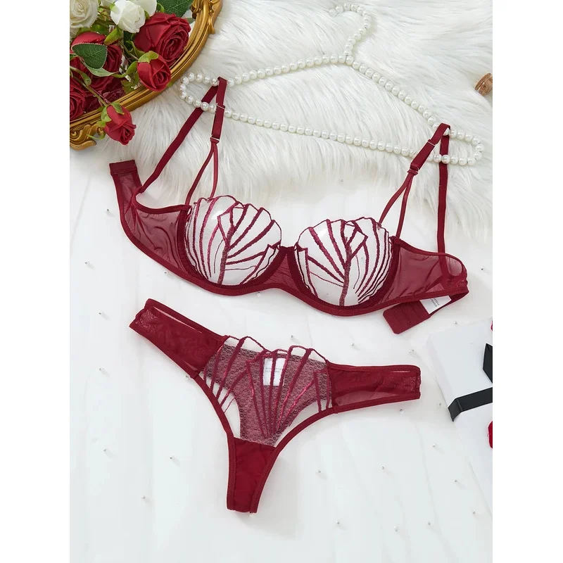 

2025 Sexy Semi-Transparent Striped Solid Color Bra Set Ladies Underwear Ensemble Embroidered Fun Fashionable Women's Set Q001