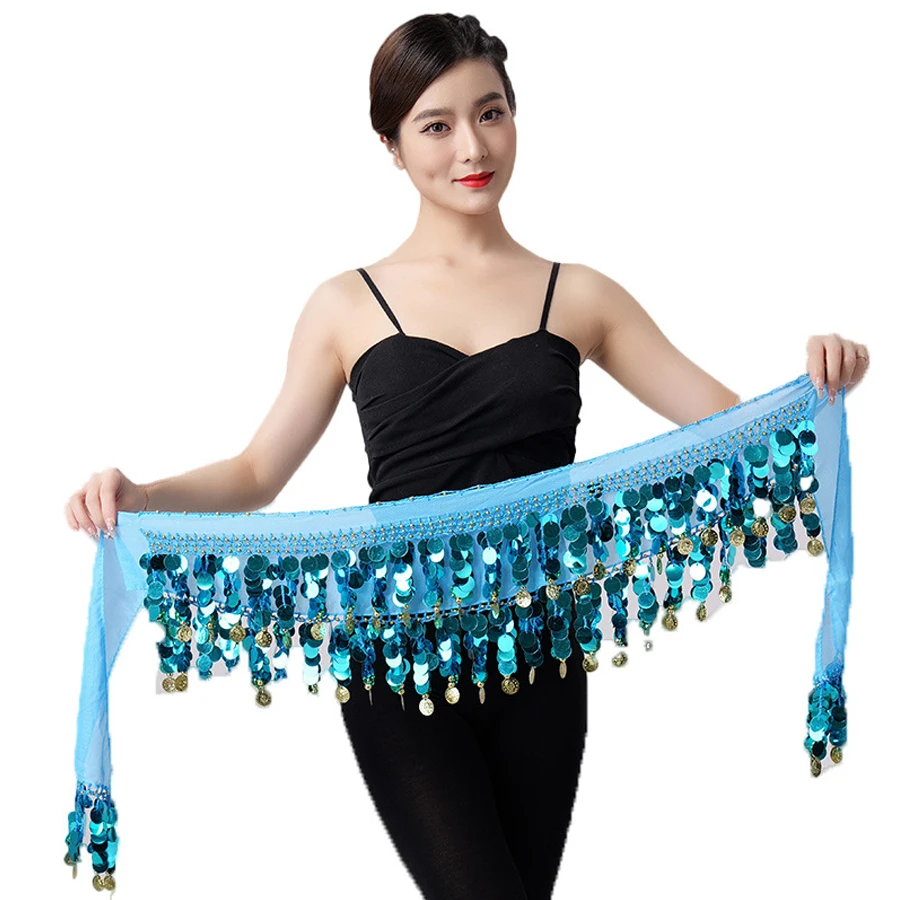 Paarse buikdans heupsjaal met pailletten, gouden munten, glanzende franje, elastische tailleband – perfect voor optredens, trainingen en D