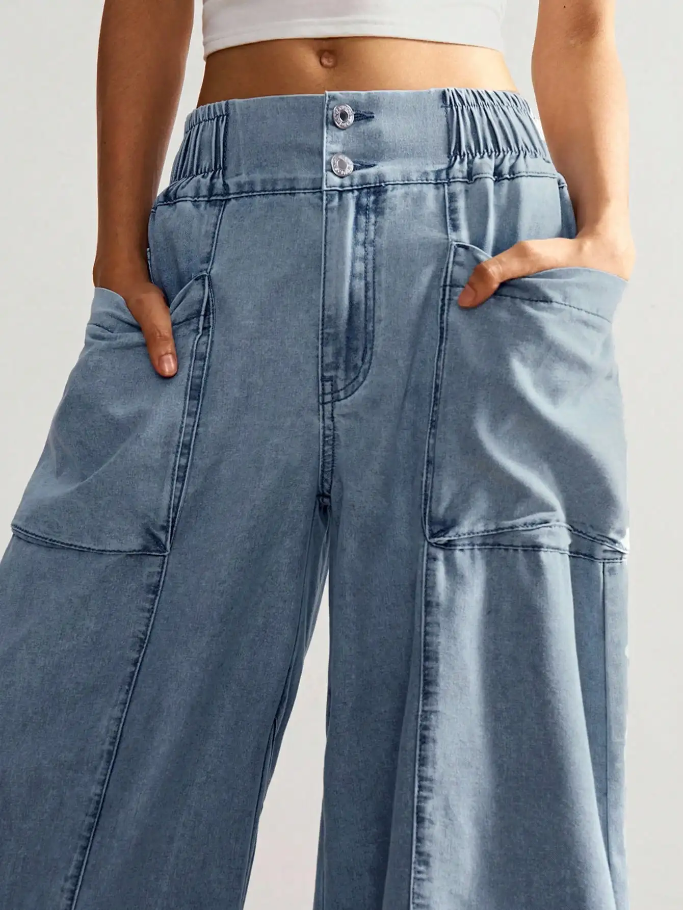 

Женские джинсы с высокой талией, свободные, широкие штанины, с эластичным поясом и передними карманами