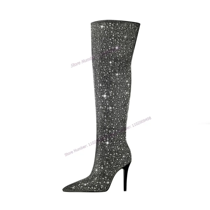 

Black Crystal Decor Over The Knee Boots Pointed Toe Shoes for Women Thin High Heels Sexy Lady Shoes 2023 Zapatos Para Mujere