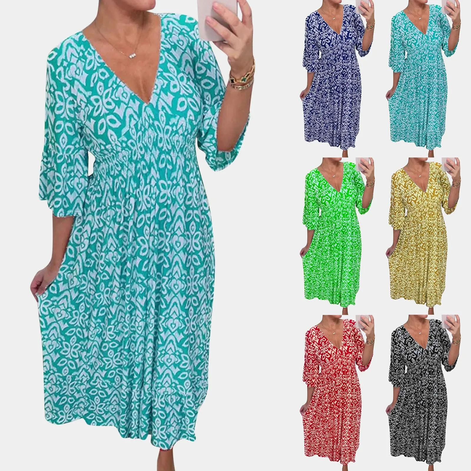 Vestidos bohemios de verano para mujer, vestido Sexy de manga corta con cuello en V, estampado Floral, holgado, informal, para playa y vacaciones