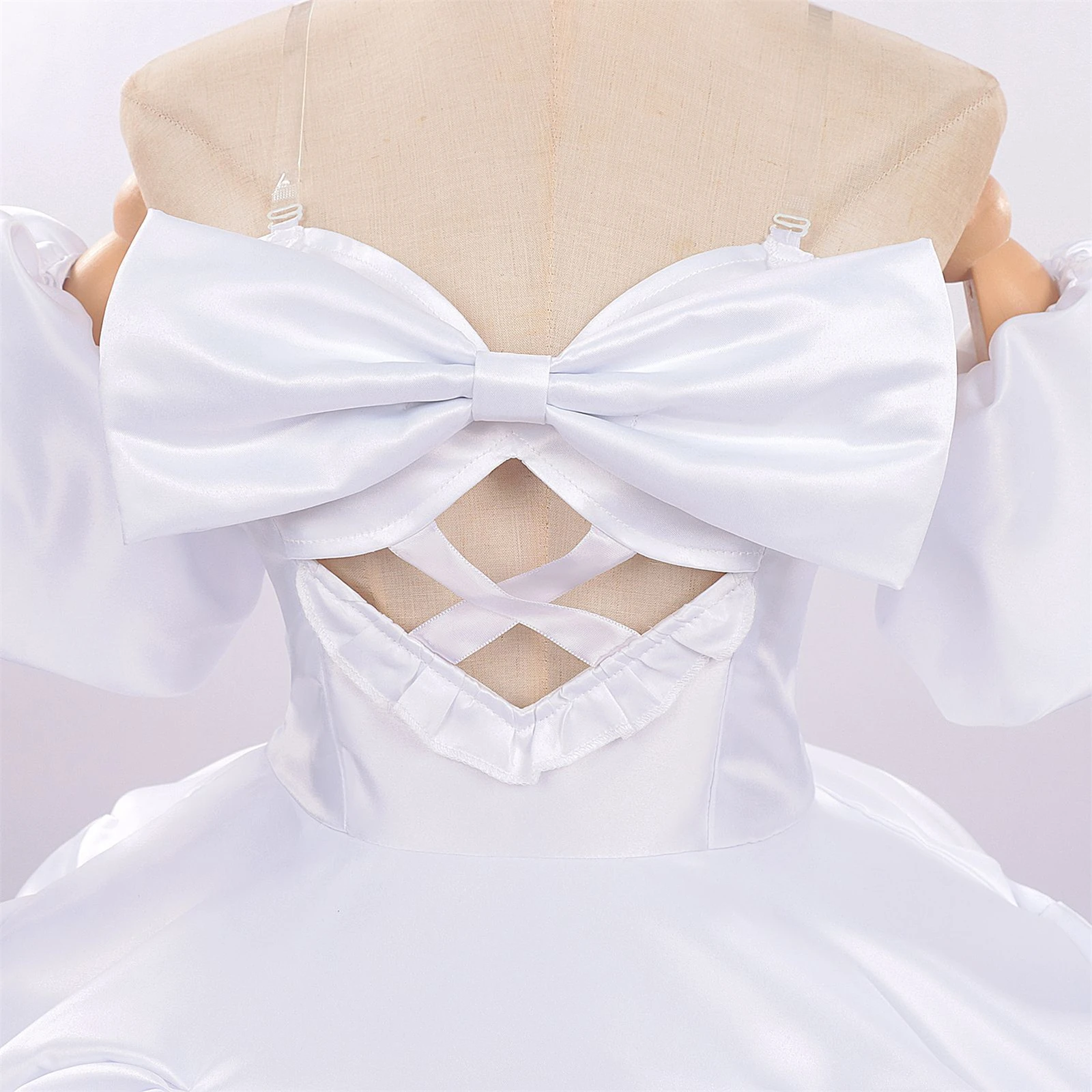 Sua Cosplay Costume Anime Girl White Satin Mini Dress Off Shoulder Puff Sleeve Halloween Carnival Party Uniform Set - view 4
