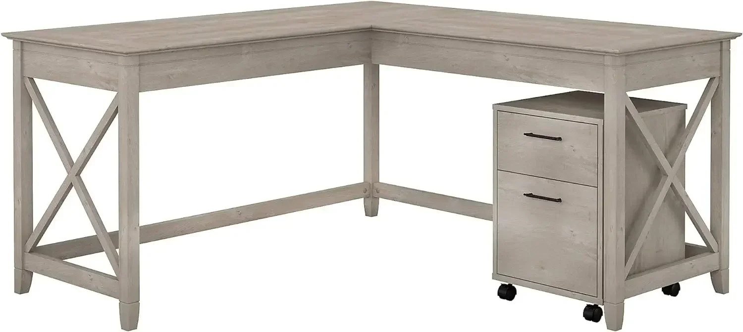 

Key West 60W L Shaped Desk with 2 Drawer Mobile File Cabinet in Washed Gray