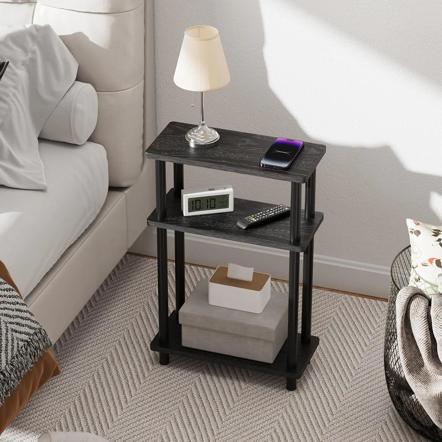 Small Narrow Side Table, 3-Tier Skinny End Table with Storage Shelf, Slim Nightstand Bedside Table for Small Spaces, Liv