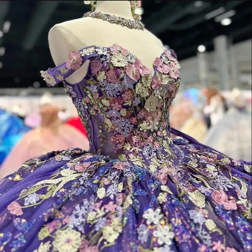 AA41 Vestidos de quinceañera morados mexicanos hechos a medida 3D Floral cumpleaños princesa Formal dulce 15 16 Vestidos de baile Vestidos XV Anos