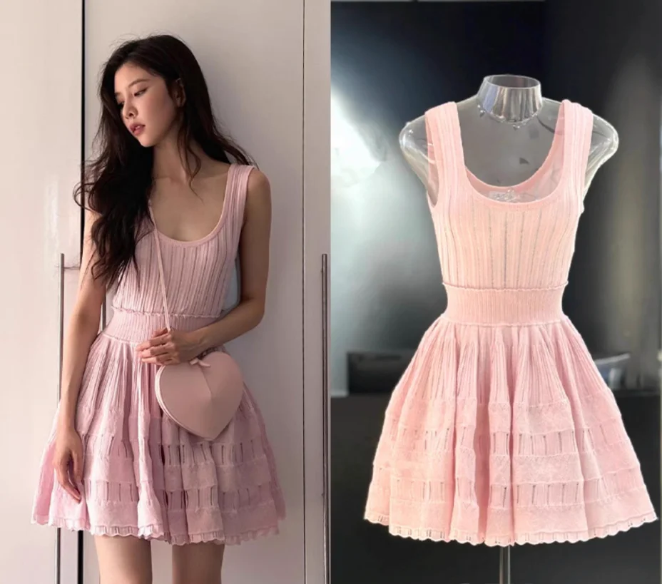 

French fairy pink sleeveless camisole dress 2025 new style simple casual waist slimming vest skirt