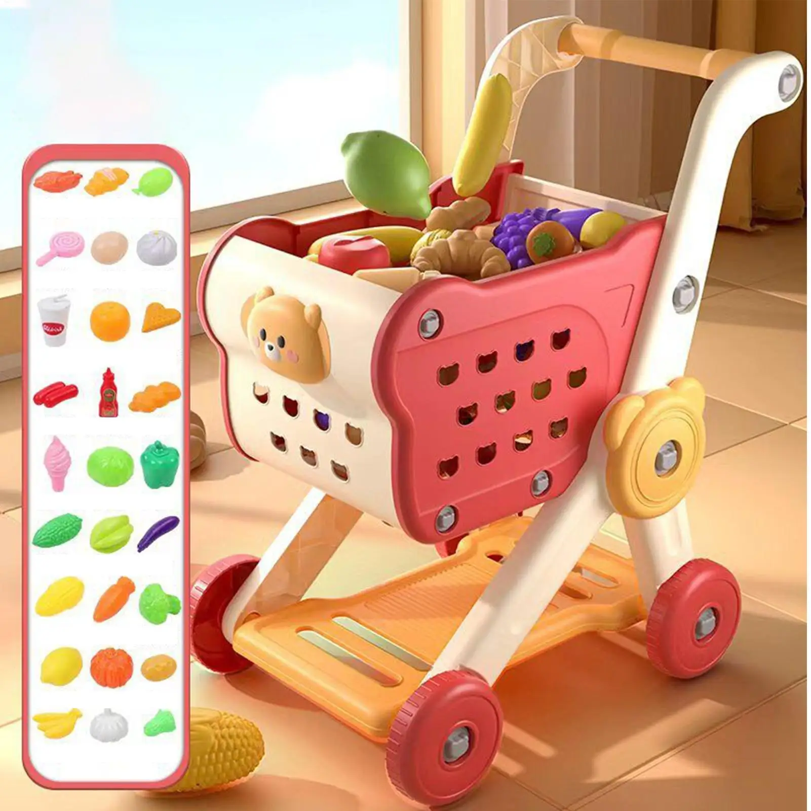 Kids Shopping Cart Pretend Play Toy Shopping Basket Set With Food Accessories Interactive Grocery Store Games for Toddler